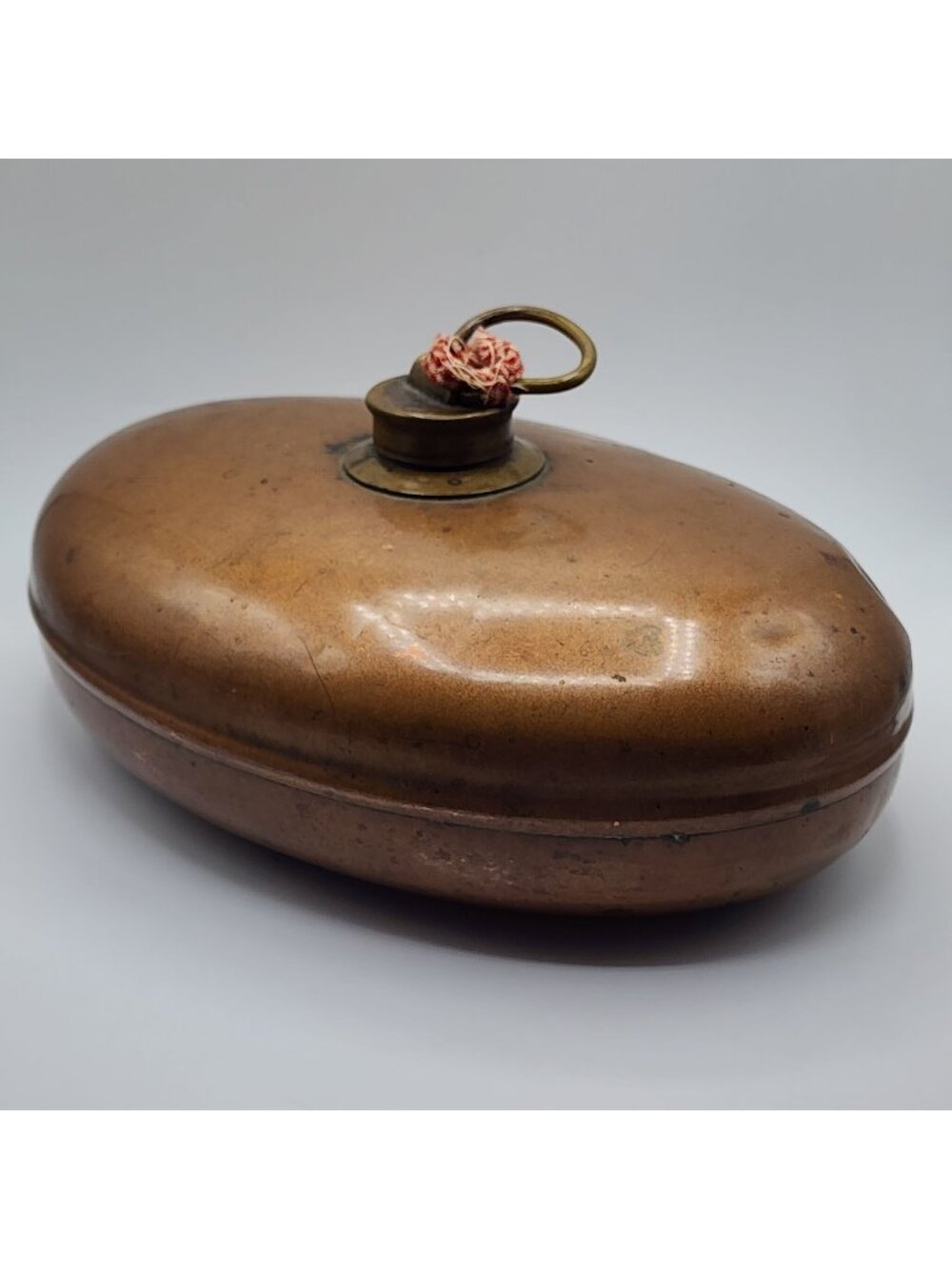 Vintage Copper Hot Water Bottle Lid Handle Bed Warmer Oval Shape 11" x 7.5"